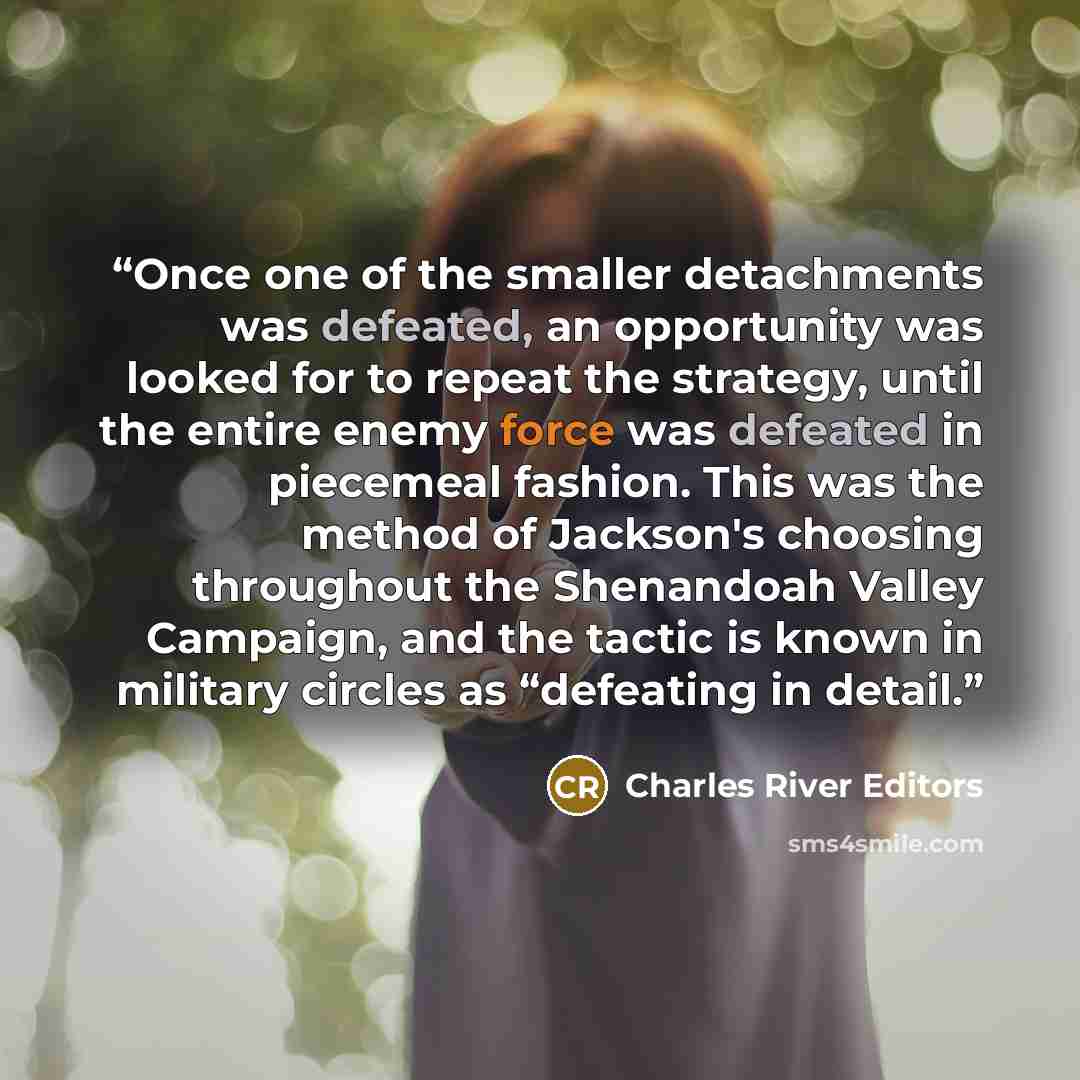 “Once one of the smaller detachments was defeated, an opportunity was looked for to repeat the strategy, until the entire enemy force was defeated in piecemeal fashion. This was the method of Jackson's choosing throughout the Shenandoah Valley Campaign, and the tactic is known in military circles…” quote by Charles River Editors