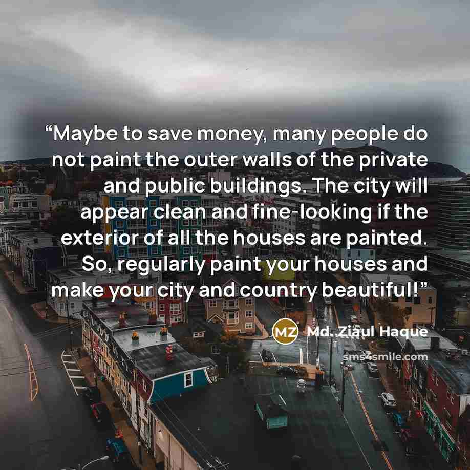 “Maybe to save money, many people do not paint the outer walls of the private and public buildings. The city will appear clean and fine-looking if the exterior of all the houses are painted. So, regularly paint your houses and make your city and country beautiful!” quote by Md. Ziaul Haque