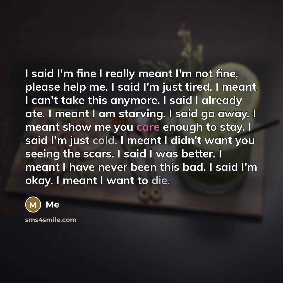 “I said I'm fine I really meant I'm not fine,…” quote by Me