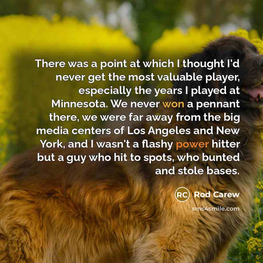 “There was a point at which I thought I'd never get the most valuable player, especially the years I played at Minnesota. We never won a pennant there, we were far away from the big media centers of Los Angeles and New York, and I wasn't a flashy power hitter but a guy who hit to spots, who bunted…” quote by Rod Carew