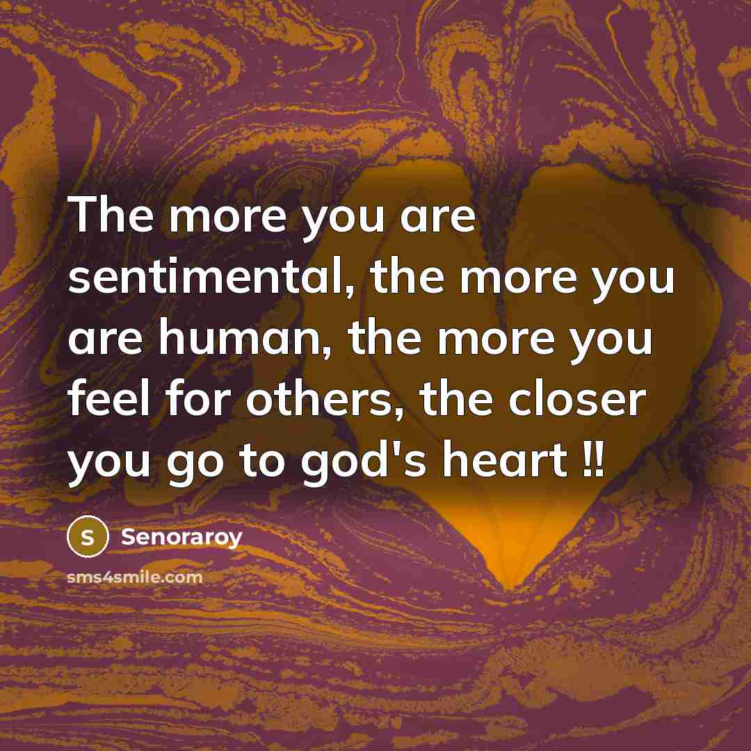 “The more you are sentimental, the more you are human, the more you feel for others, the closer you go to god's heart !!” quote by Senoraroy