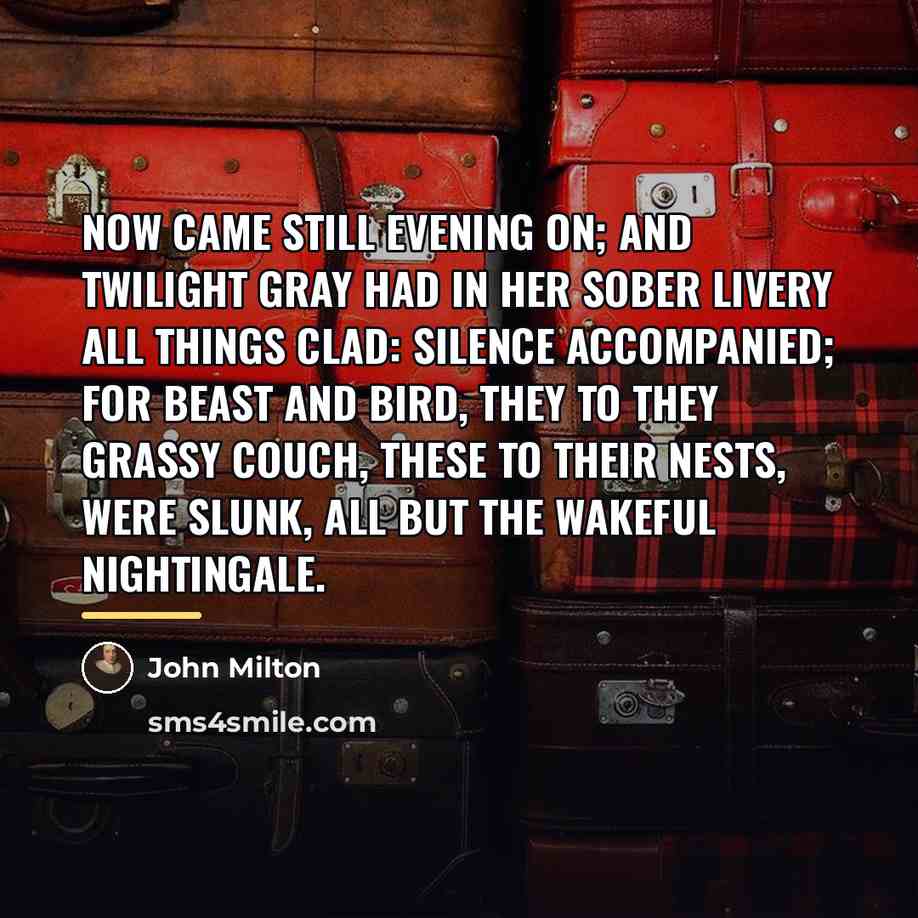 “Now came still evening on; and twilight gray Had in…” quote by John Milton
