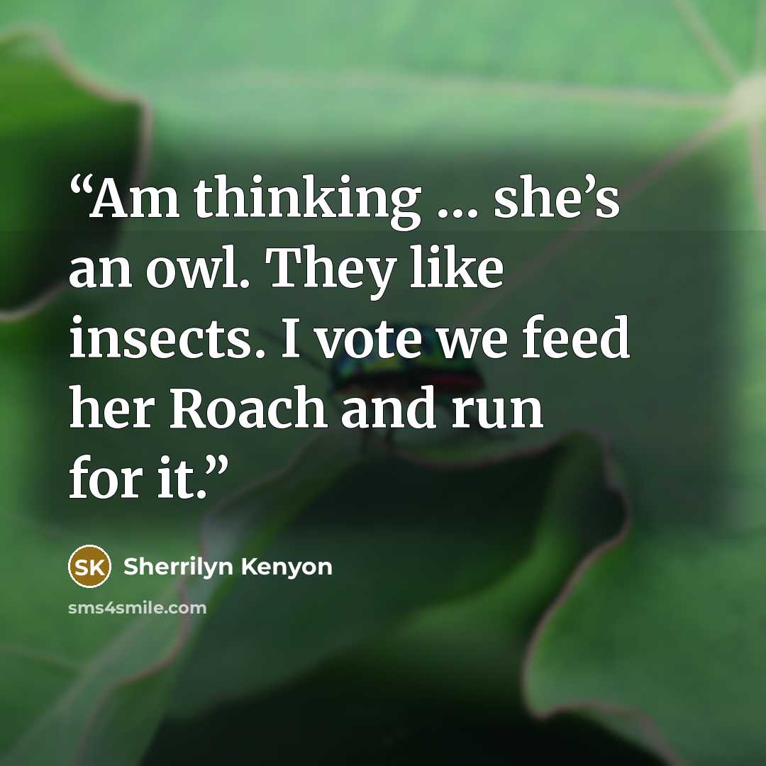 “Am thinking … she’s an owl. They like insects. I vote we feed her Roach and run for it.” quote by Sherrilyn Kenyon