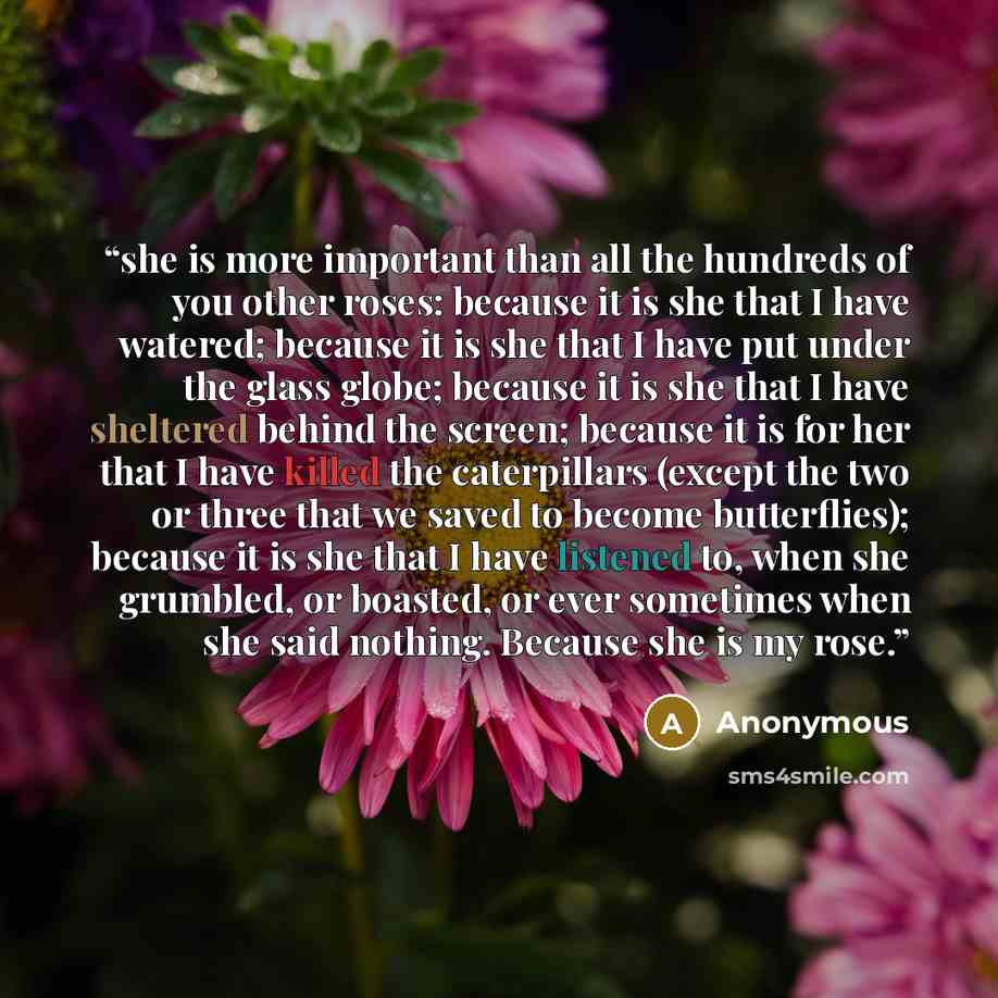 “she is more important than all the hundreds of you other roses: because it is she that I have watered; because it is she that I have put under the glass globe; because it is she that I have sheltered behind the screen; because it is for her that I have killed the caterpillars (except the two or…” quote by Anonymous