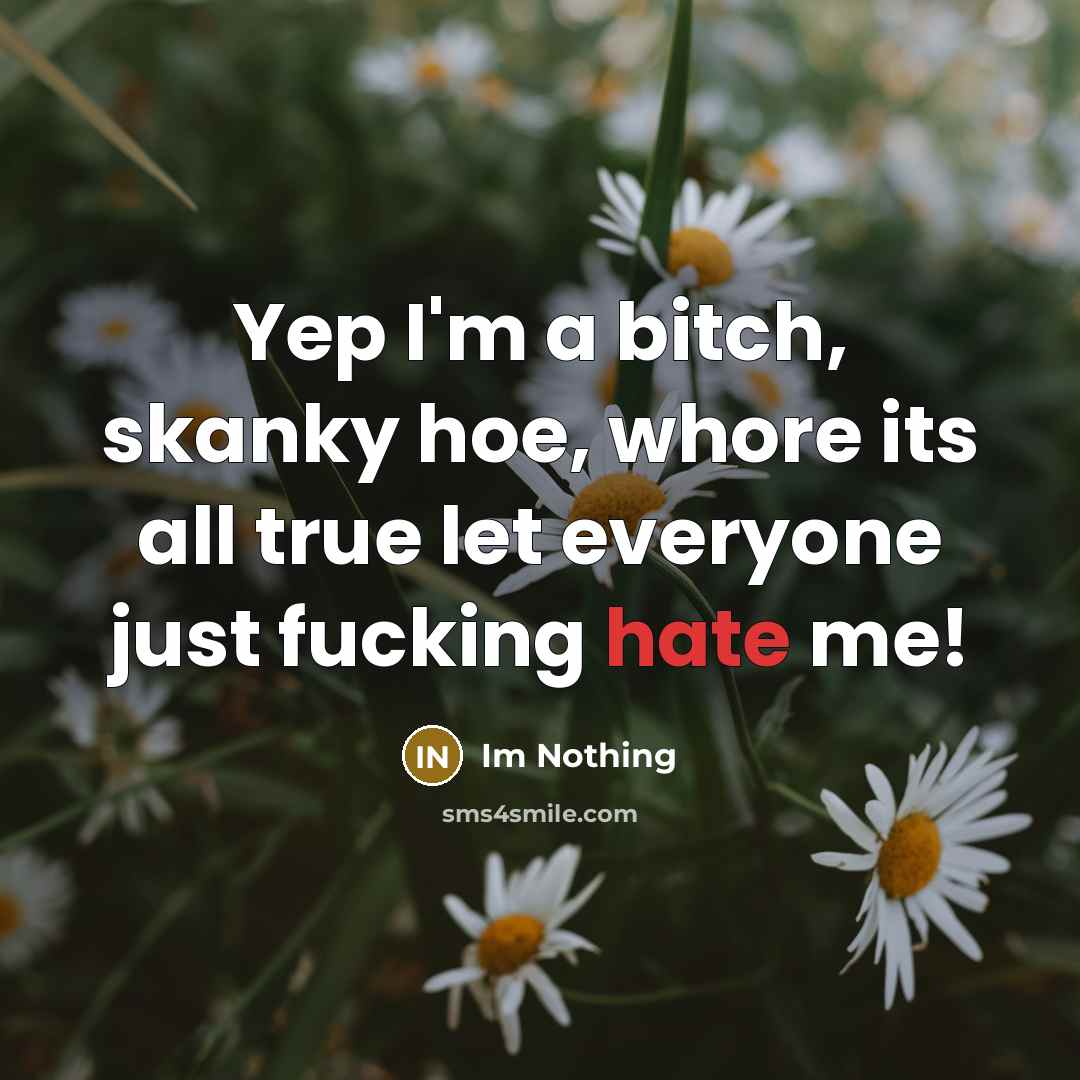 “Yep I'm a bitch, skanky hoe, whore its all true let everyone just fucking hate me!” quote by Im Nothing