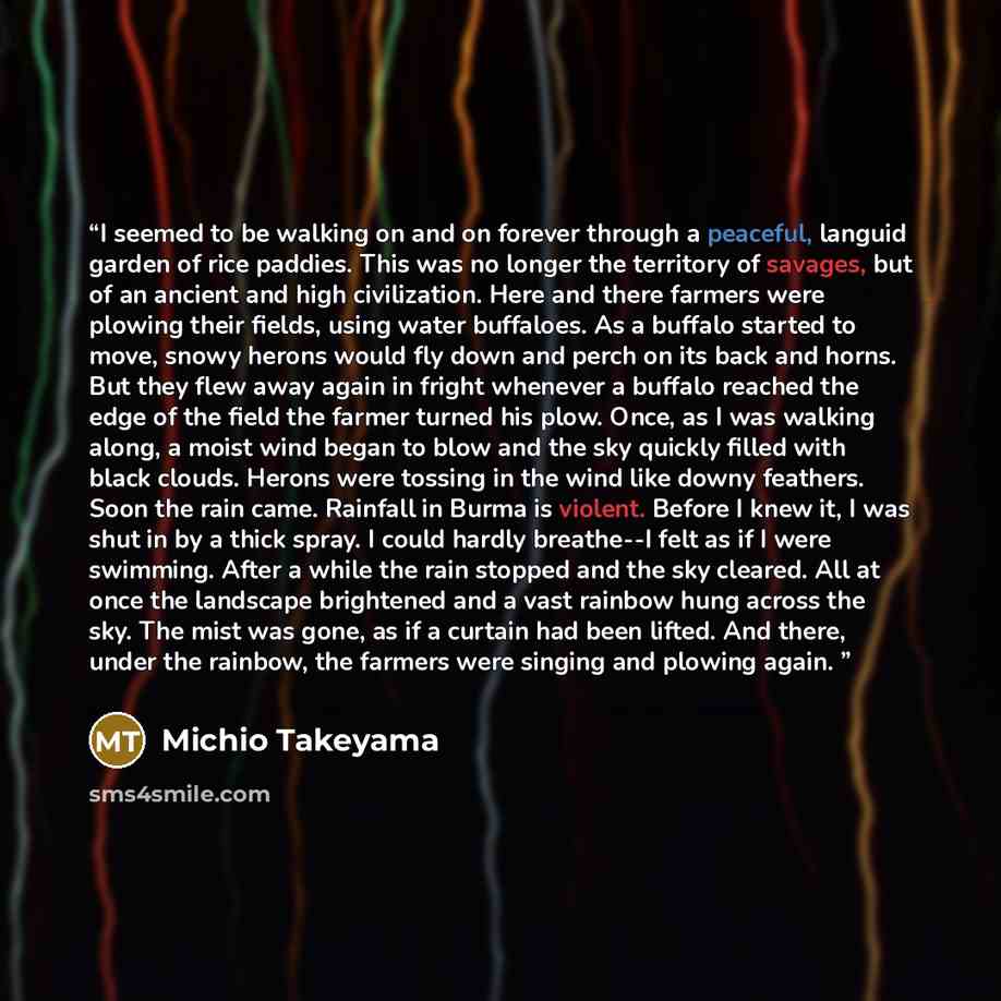 “I seemed to be walking on and on forever through a peaceful, languid garden of rice paddies. This was no longer the territory of savages, but of an ancient and high civilization. Here and there farmers were plowing their fields, using water buffaloes. As a buffalo started to move, snowy herons…” quote by Michio Takeyama