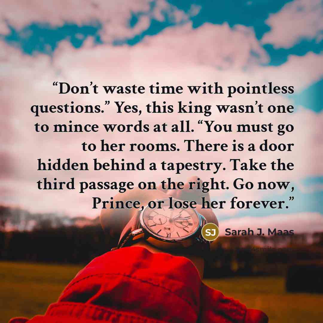 “Don’t waste time with pointless questions.” Yes, this king wasn’t one to mince words at all. “You must go to her rooms. There is a door hidden behind a tapestry. Take the third passage on the right. Go now, Prince, or lose her forever.” quote by Sarah J. Maas