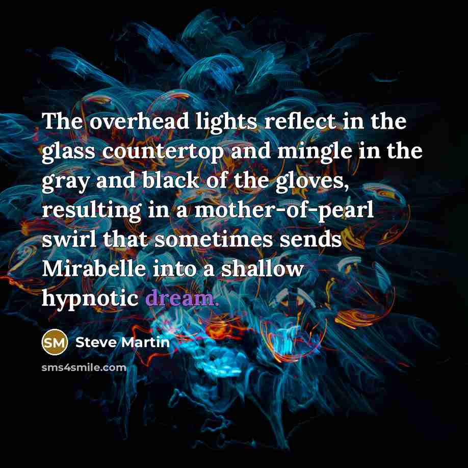 “The overhead lights reflect in the glass countertop and mingle…” quote by Steve Martin