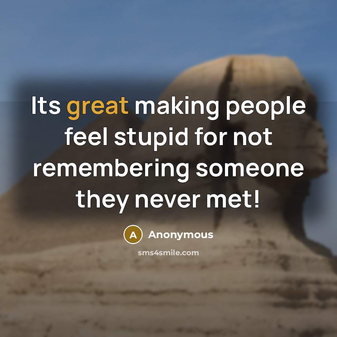 “Its great making people feel stupid for not remembering someone they never met!” quote by Anonymous
