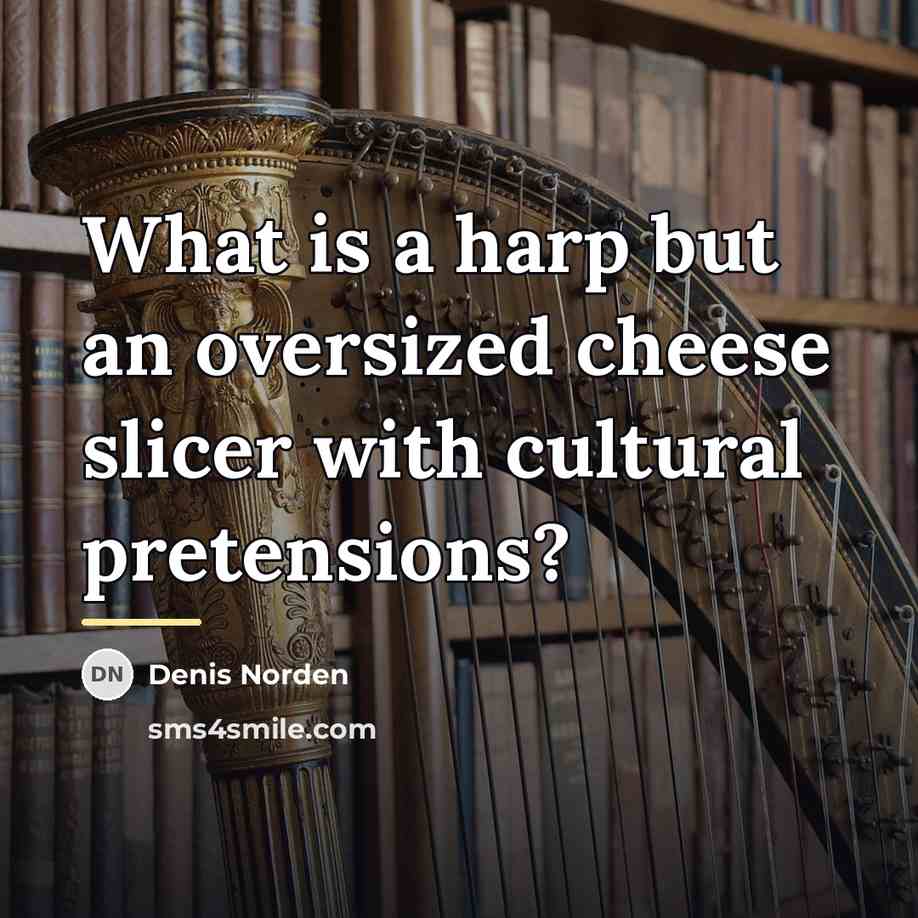 “What is a harp but an oversized cheese slicer with…” quote by Denis Norden