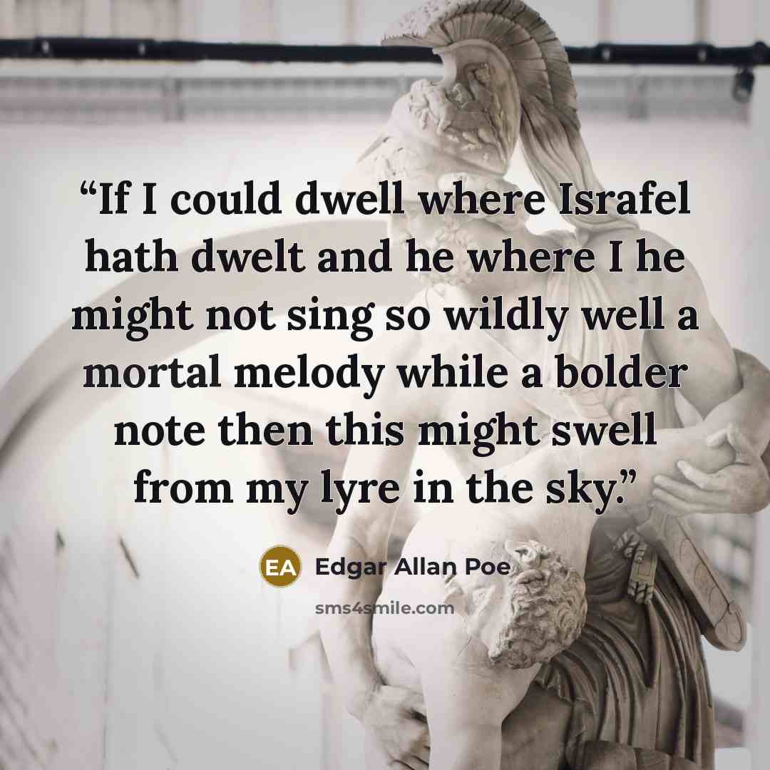 “If I could dwell where Israfel hath dwelt and he where I he might not sing so wildly well a mortal melody while a bolder note then this might swell from my lyre in the sky.” quote by Edgar Allan Poe