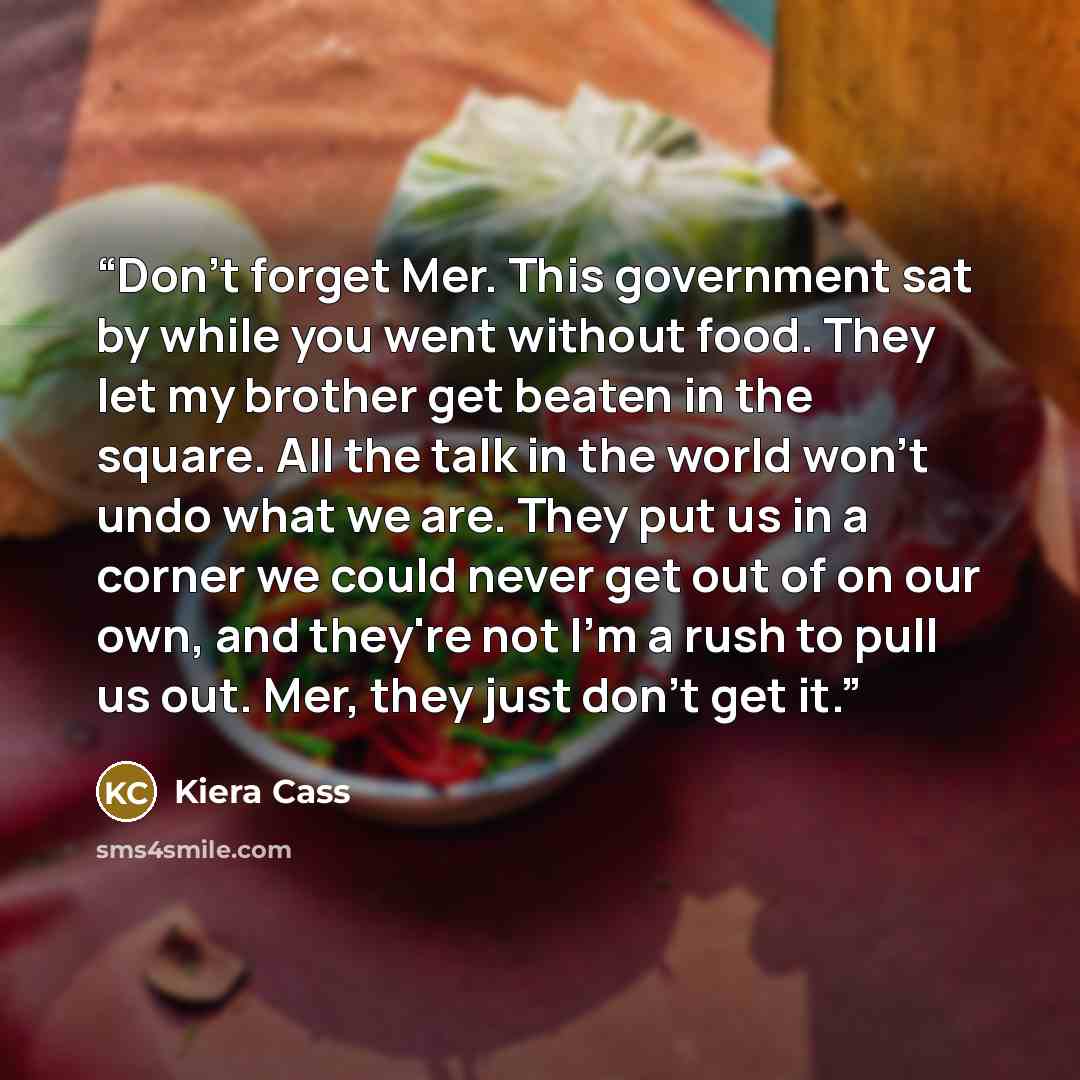 “Don't forget Mer. This government sat by while you went without food. They let my brother get beaten in the square. All the talk in the world won't undo what we are. They put us in a corner we could never get out of on our own, and they're not I'm a rush to pull us out. Mer, they just don't get it.” quote by Kiera Cass
