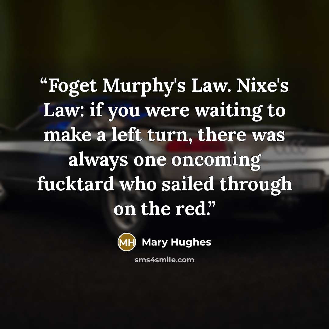 “Foget Murphy's Law. Nixe's Law: if you were waiting to make a left turn, there was always one oncoming fucktard who sailed through on the red.” quote by Mary Hughes