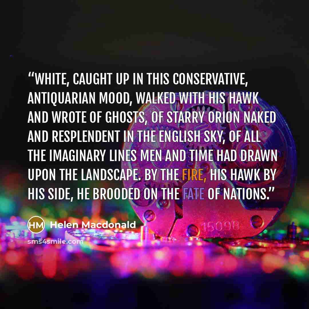“White, caught up in this conservative, antiquarian mood, walked with his hawk and wrote of ghosts, of starry Orion naked and resplendent in the English sky, of all the imaginary lines men and time had drawn upon the landscape. By the fire, his hawk by his side, he brooded on the fate of nations.” quote by Helen Macdonald