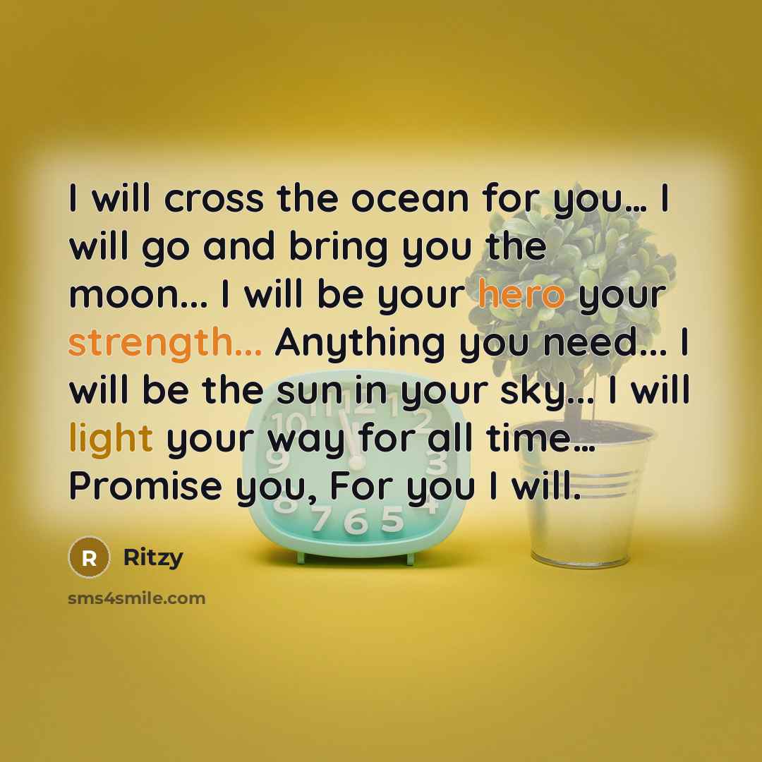 “I will cross the ocean for you… I will go and bring you the moon... I will be your hero your strength... Anything you need... I will be the sun in your sky... I will light your way for all time… Promise you, For you I will.” quote by Ritzy