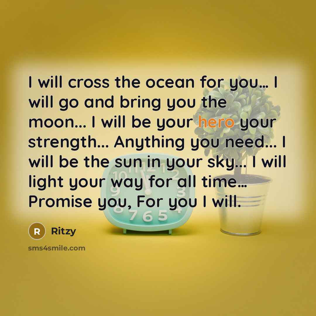 “I will cross the ocean for you… I will go and bring you the moon... I will be your hero your strength... Anything you need... I will be the sun in your sky... I will light your way for all time… Promise you, For you I will.” quote by Ritzy