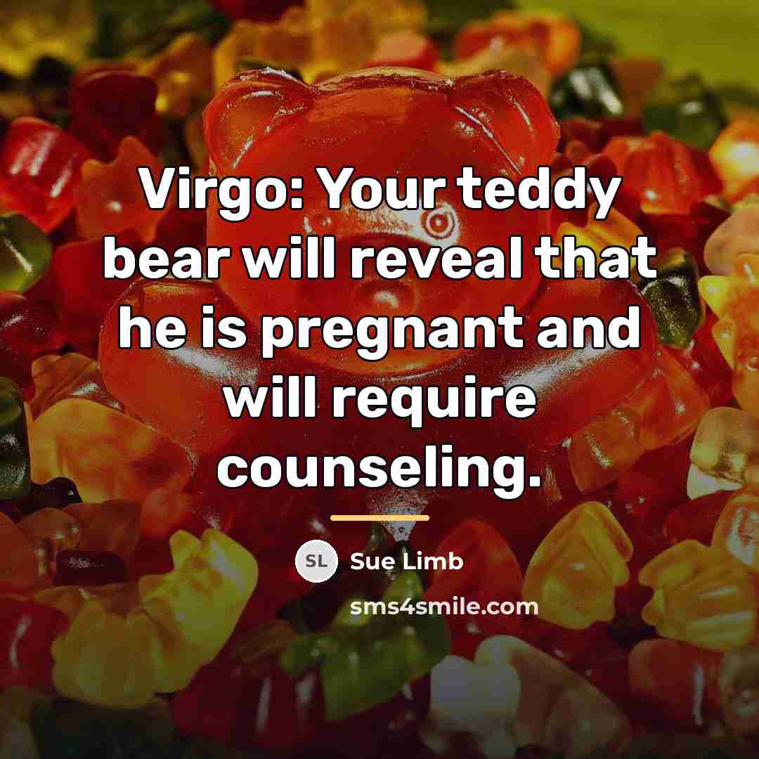 “Virgo: Your teddy bear will reveal that he is pregnant…” quote by Sue Limb
