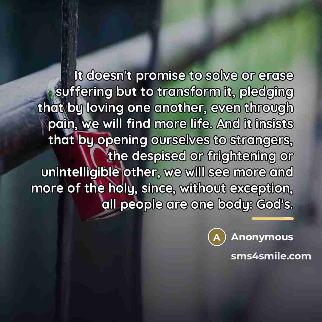 “It doesn't promise to solve or erase suffering but to…” quote by Anonymous
