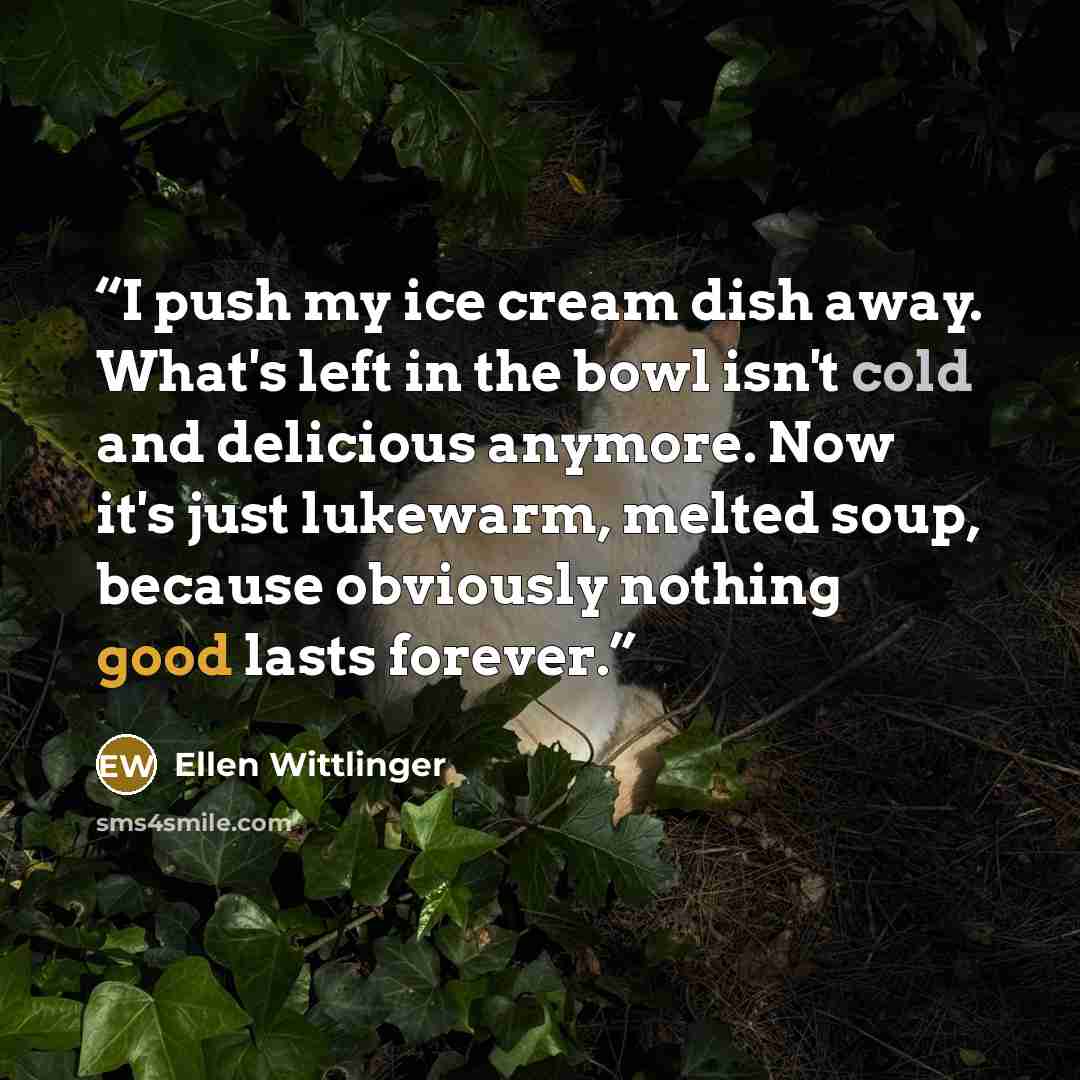 “I push my ice cream dish away. What's left in the bowl isn't cold and delicious anymore. Now it's just lukewarm, melted soup, because obviously nothing good lasts forever.” quote by Ellen Wittlinger