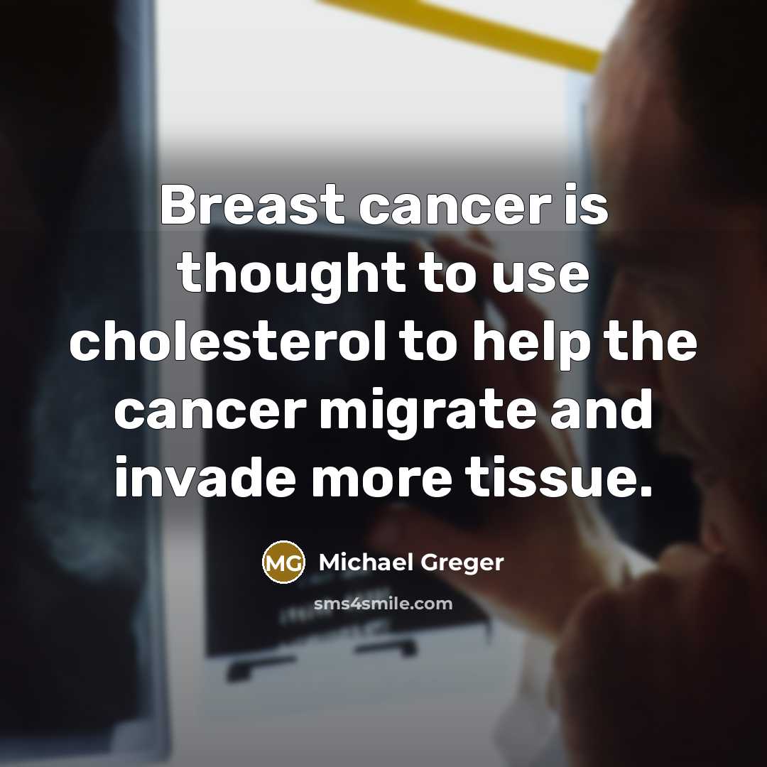 “Breast cancer is thought to use cholesterol to help the…” quote by Michael Greger