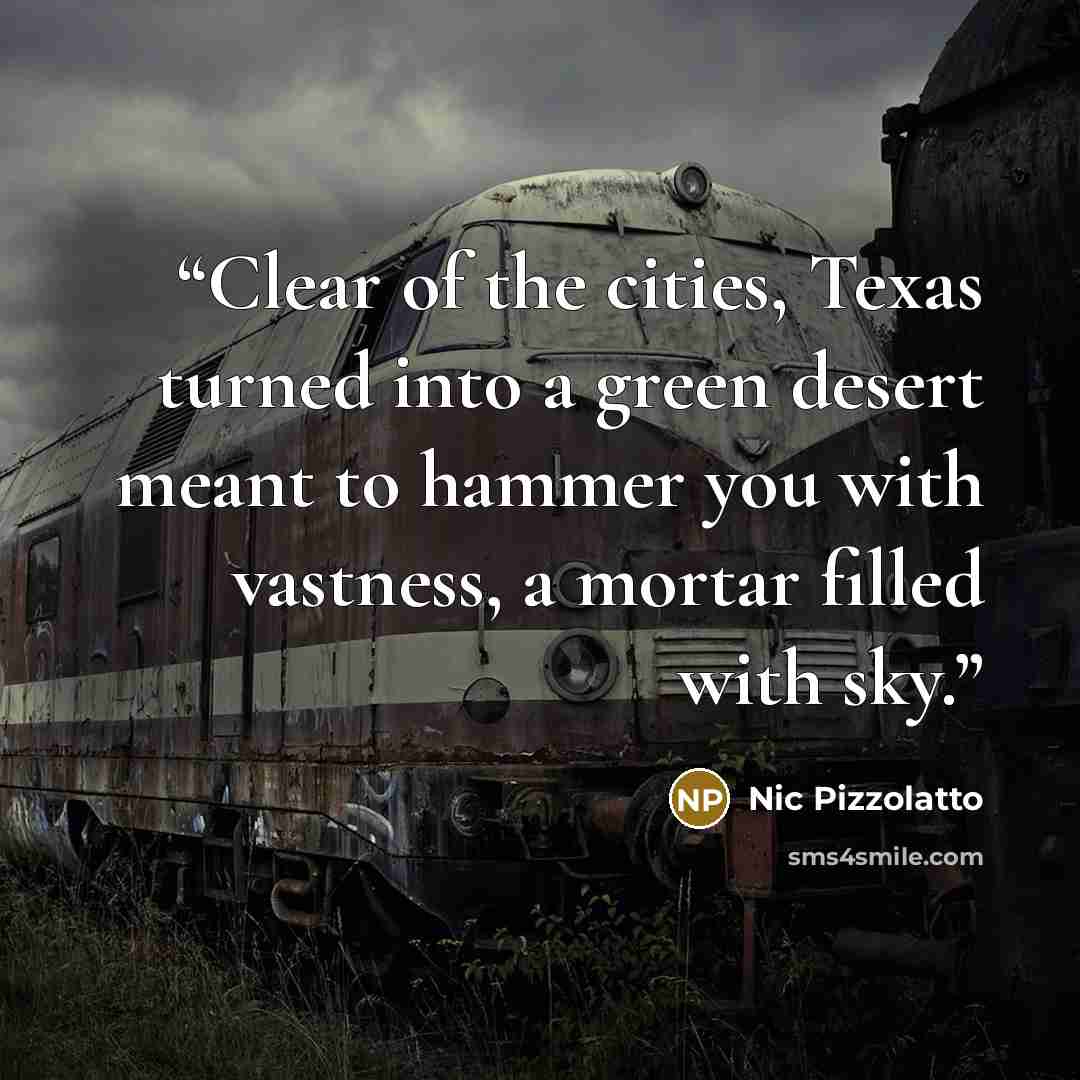 “Clear of the cities, Texas turned into a green desert meant to hammer you with vastness, a mortar filled with sky.” quote by Nic Pizzolatto