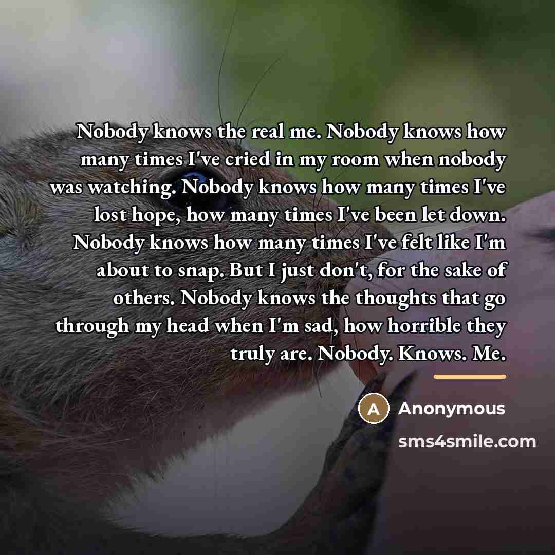 “Nobody knows the real me. Nobody knows how many times…” quote by Anonymous