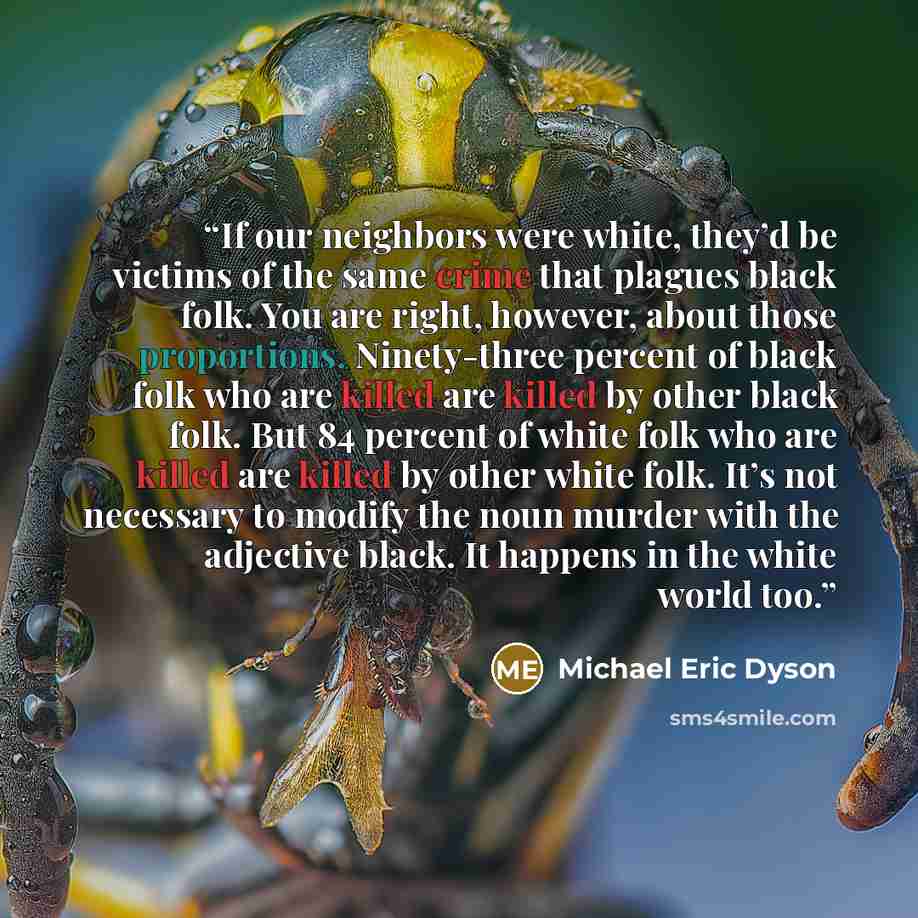 “If our neighbors were white, they’d be victims of the same crime that plagues black folk. You are right, however, about those proportions. Ninety-three percent of black folk who are killed are killed by other black folk. But 84 percent of white folk who are killed are killed by other white folk…” quote by Michael Eric Dyson