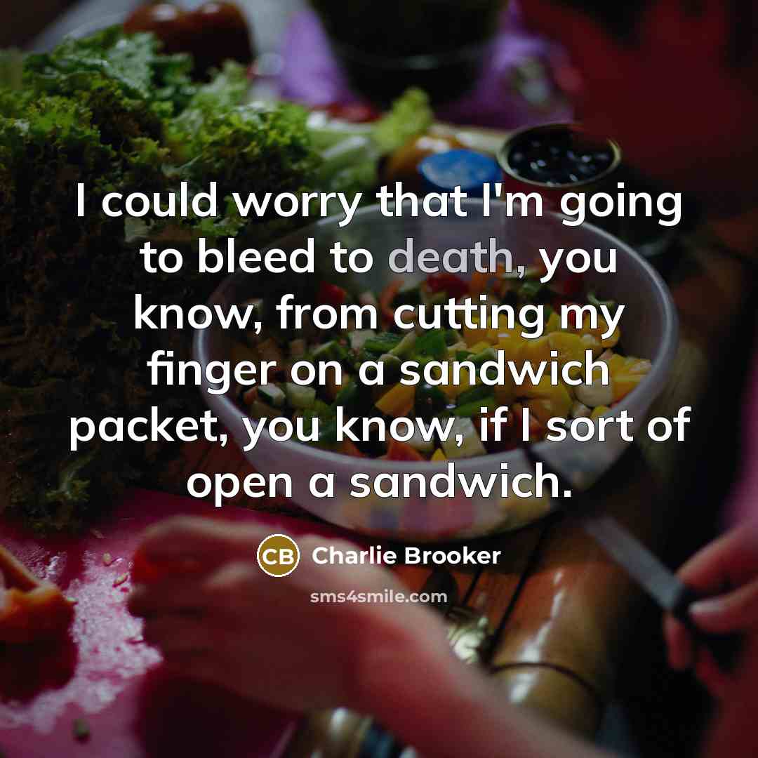 “I could worry that I'm going to bleed to death, you know, from cutting my finger on a sandwich packet, you know, if I sort of open a sandwich.” quote by Charlie Brooker