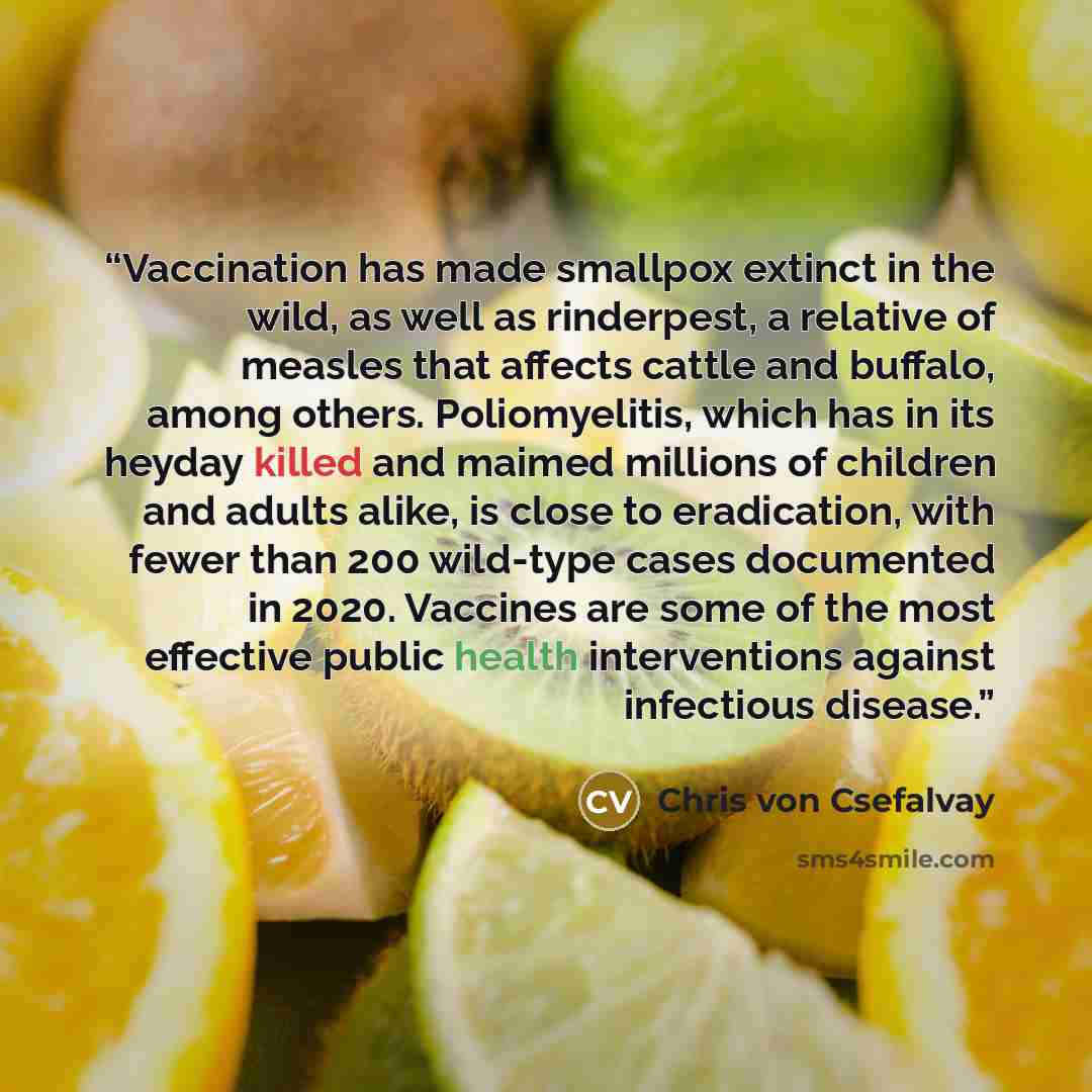 “Vaccination has made smallpox extinct in the wild, as well as rinderpest, a relative of measles that affects cattle and buffalo, among others. Poliomyelitis, which has in its heyday killed and maimed millions of children and adults alike, is close to eradication, with fewer than 200 wild-type…” quote by Chris von Csefalvay