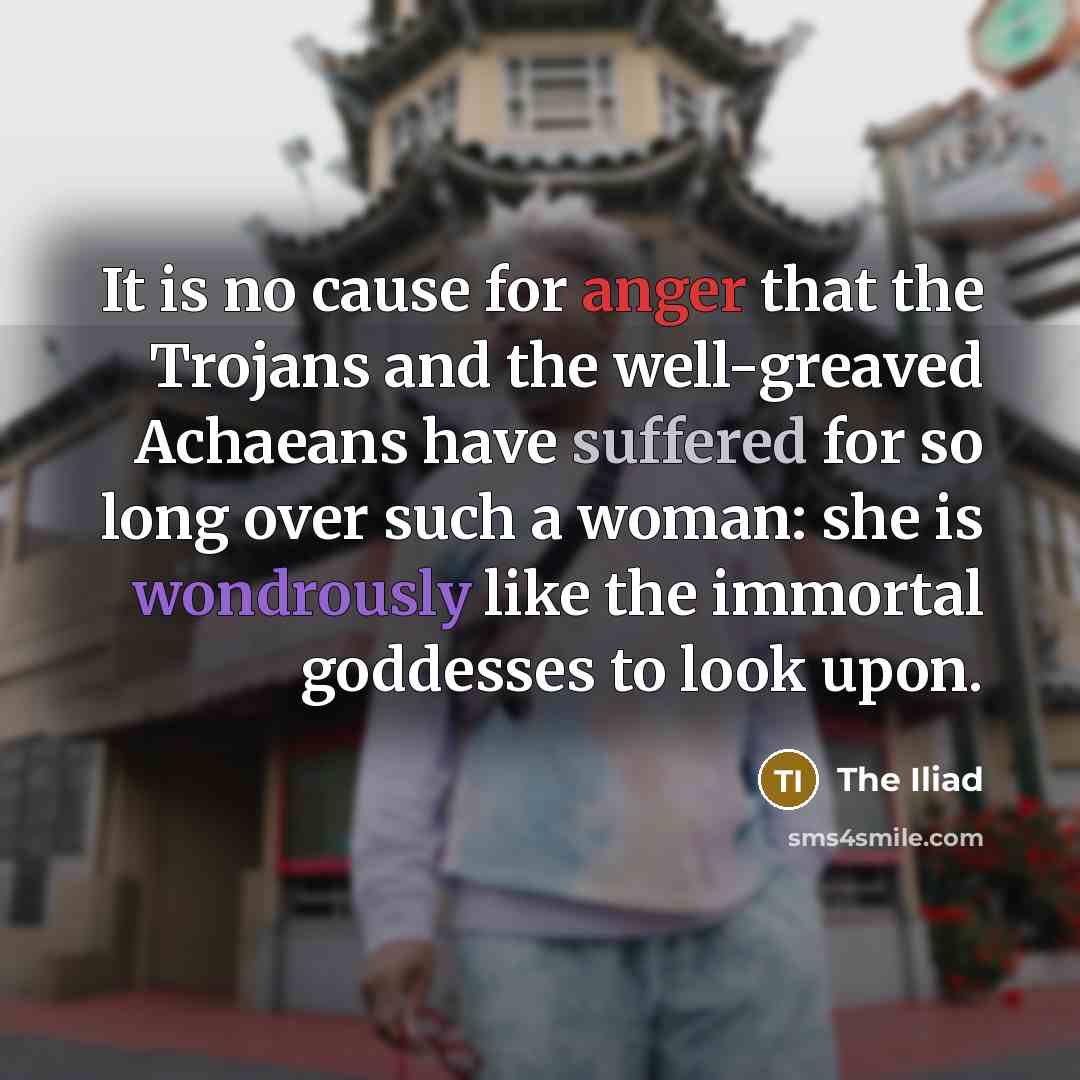 “It is no cause for anger that the Trojans and the well-greaved Achaeans have suffered for so long over such a woman: she is wondrously like the immortal goddesses to look upon.” quote by The Iliad