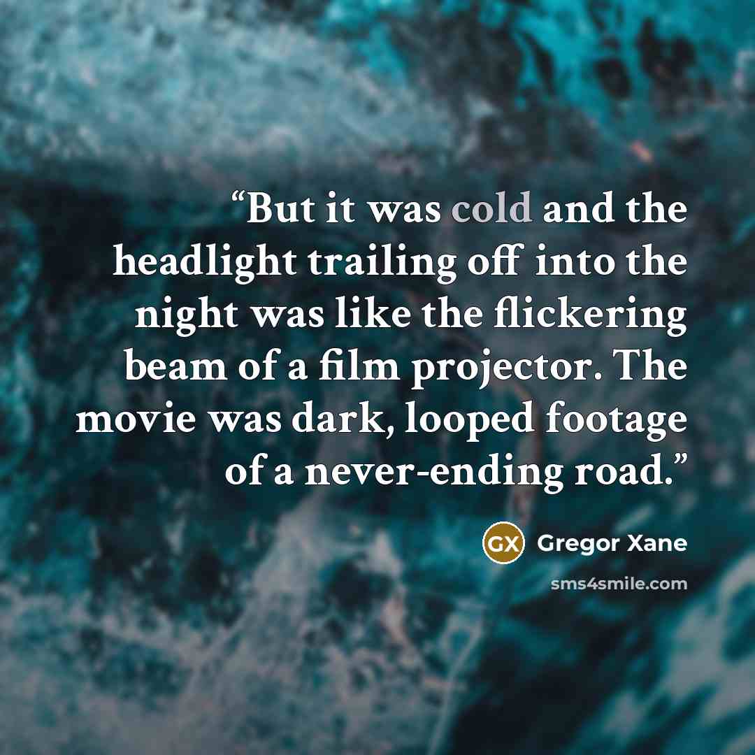 “But it was cold and the headlight trailing off into the night was like the flickering beam of a film projector. The movie was dark, looped footage of a never-ending road.” quote by Gregor Xane