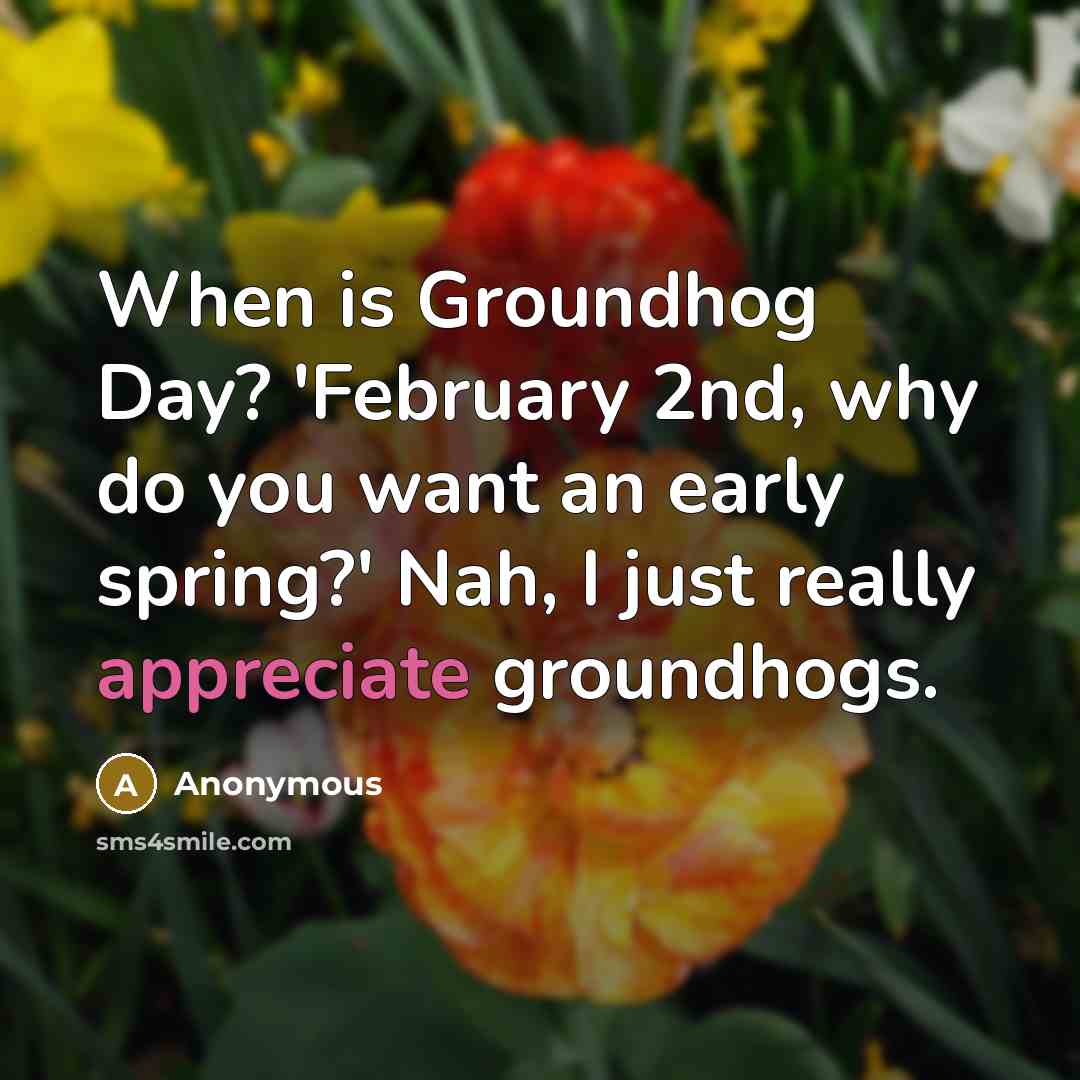 “When is Groundhog Day? 'February 2nd, why do you want an early spring?' Nah, I just really appreciate groundhogs.” quote by Anonymous