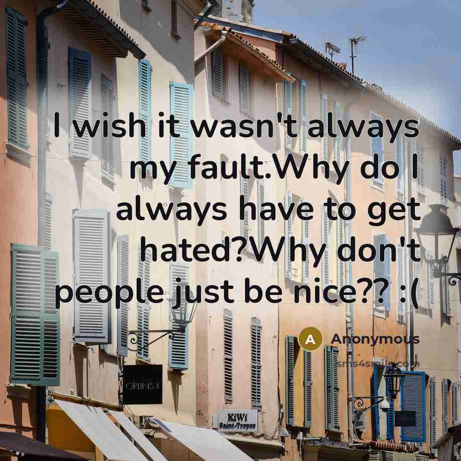 “I wish it wasn't always my fault.Why do I always have to get hated?Why don't people just be nice?? :(” quote by Anonymous