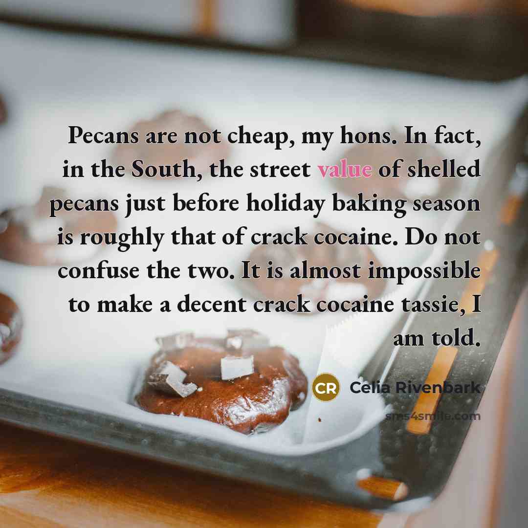 “Pecans are not cheap, my hons. In fact, in the…” quote by Celia Rivenbark