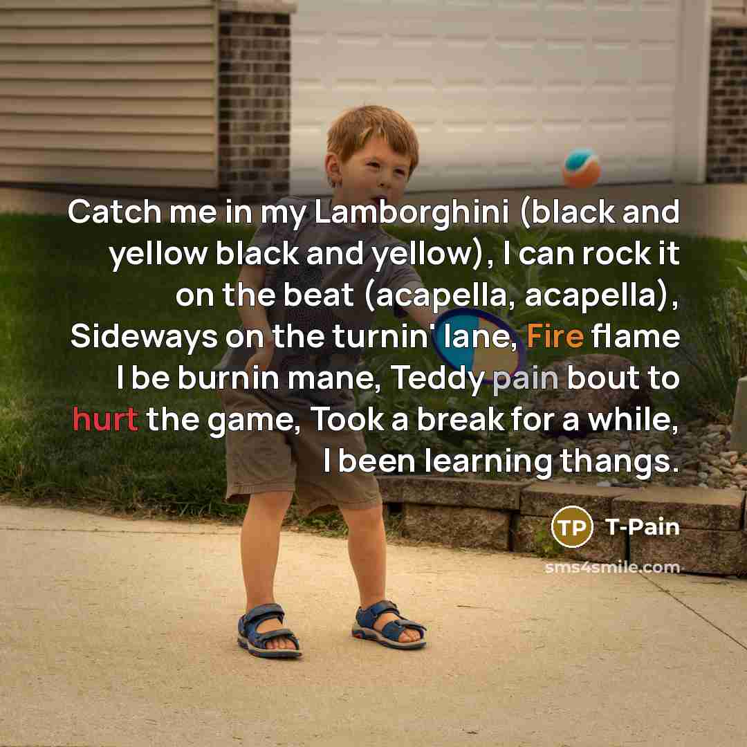 “Catch me in my Lamborghini (black and yellow black and yellow), I can rock it on the beat (acapella, acapella), Sideways on the turnin' lane, Fire flame I be burnin mane, Teddy pain bout to hurt the game, Took a break for a while, I been learning thangs.” quote by T-Pain