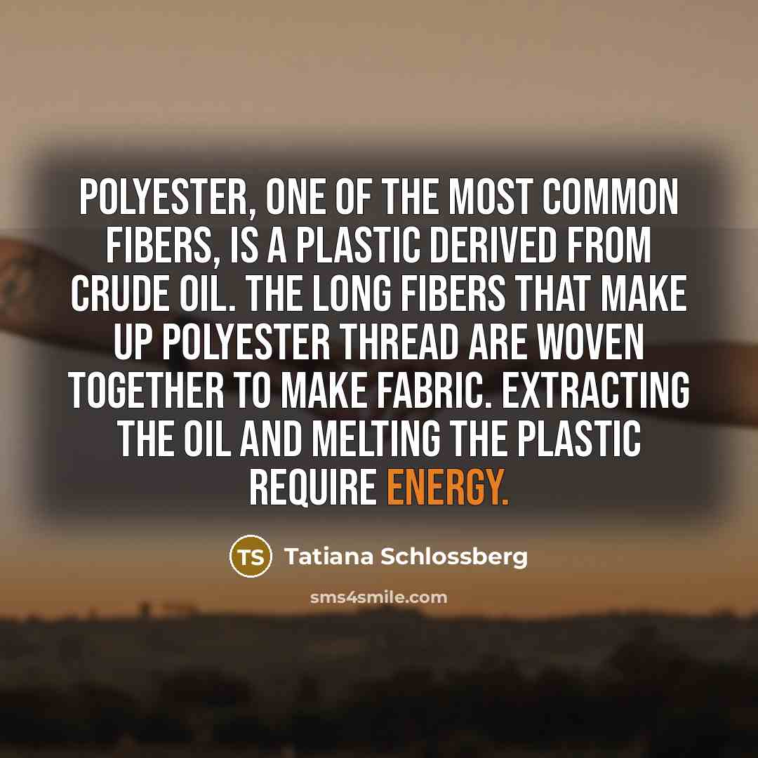“Polyester, one of the most common fibers, is a plastic…” quote by Tatiana Schlossberg