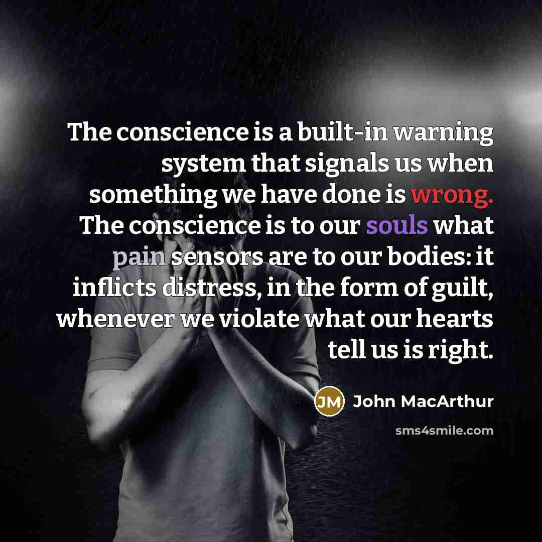 “The conscience is a built-in warning system that signals us when something we have done is wrong. The conscience is to our souls what pain sensors are to our bodies: it inflicts distress, in the form of guilt, whenever we violate what our hearts tell us is right.” quote by John Macarthur