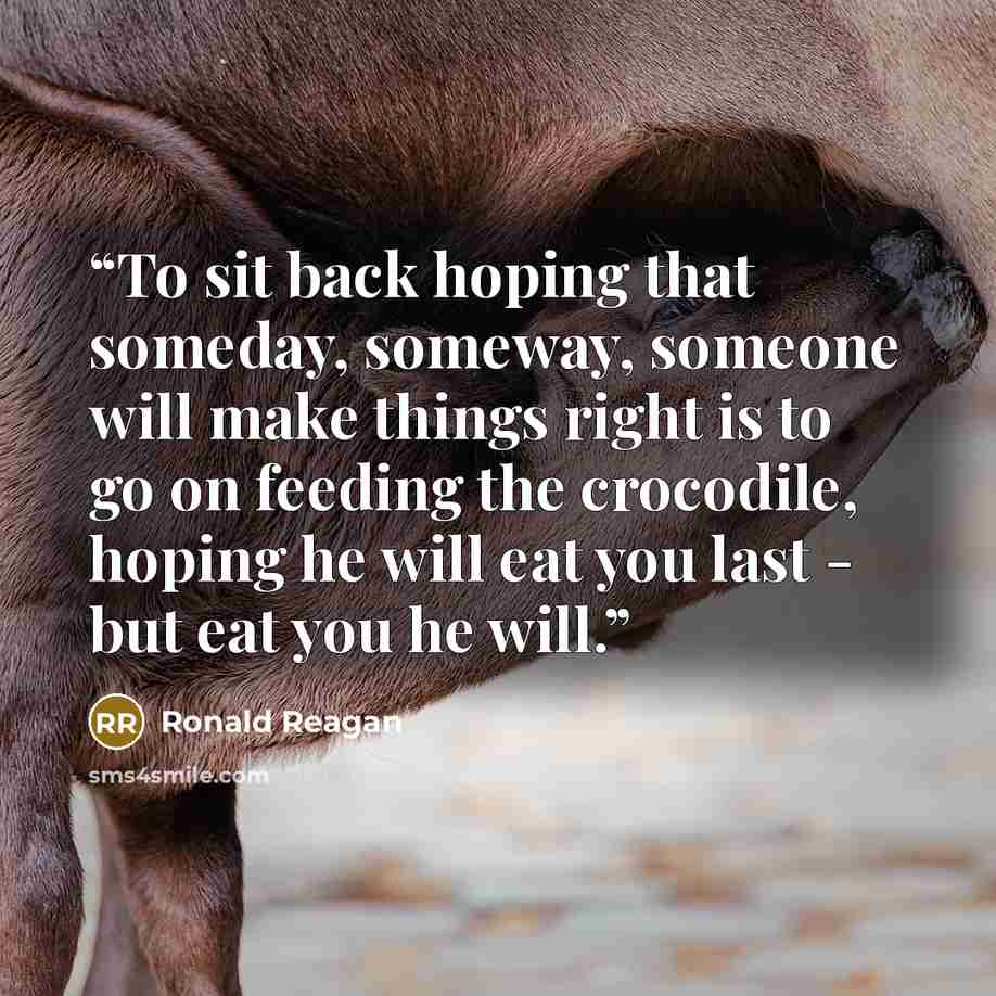 “To sit back hoping that someday, someway, someone will make things right is to go on feeding the crocodile, hoping he will eat you last - but eat you he will.” quote by Ronald Reagan