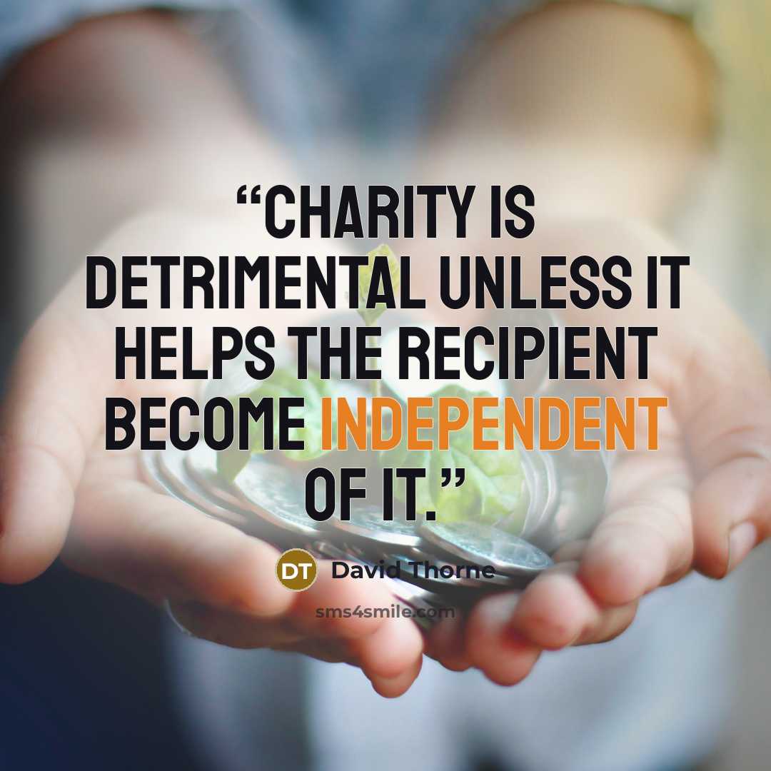 “Charity is detrimental unless it helps the recipient become independent of it.” quote by David Thorne