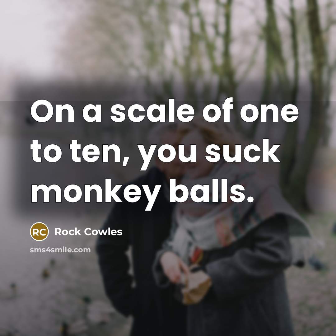 “On a scale of one to ten, you suck monkey…” quote by Rock Cowles