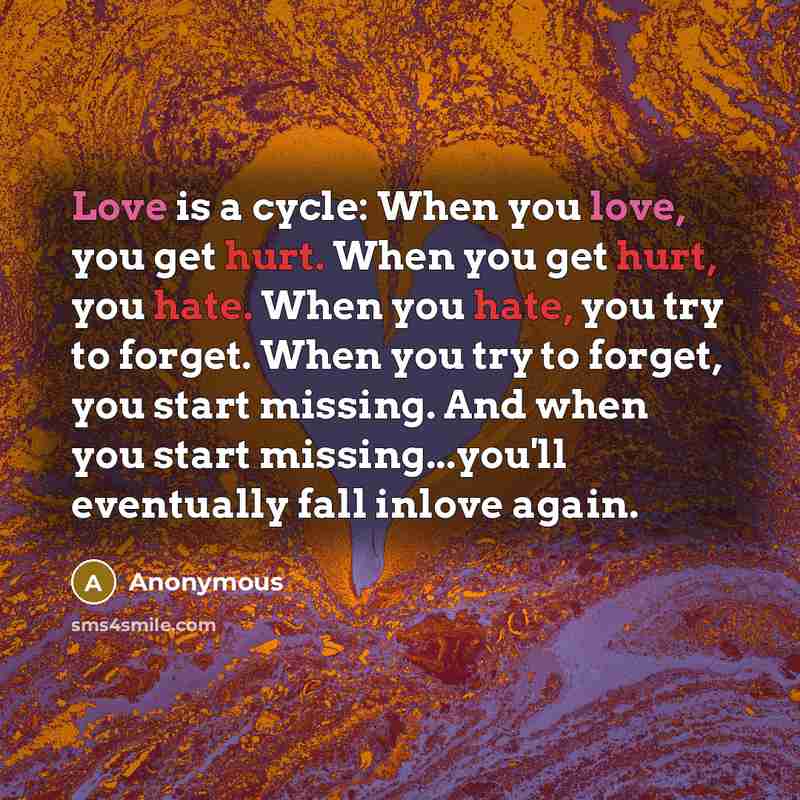 “Love is a cycle: When you love, you get hurt. When you get hurt, you hate. When you hate, you try to forget. When you try to forget, you start missing. And when you start missing...you'll eventually fall inlove again.” quote by Anonymous
