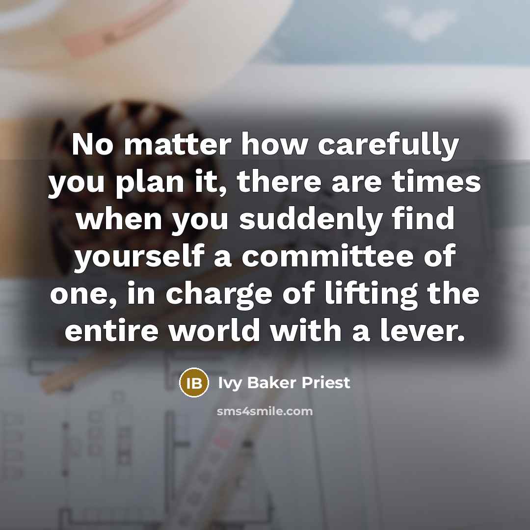 “No matter how carefully you plan it, there are times when you suddenly find yourself a committee of one, in charge of lifting the entire world with a lever.” quote by Ivy Baker Priest