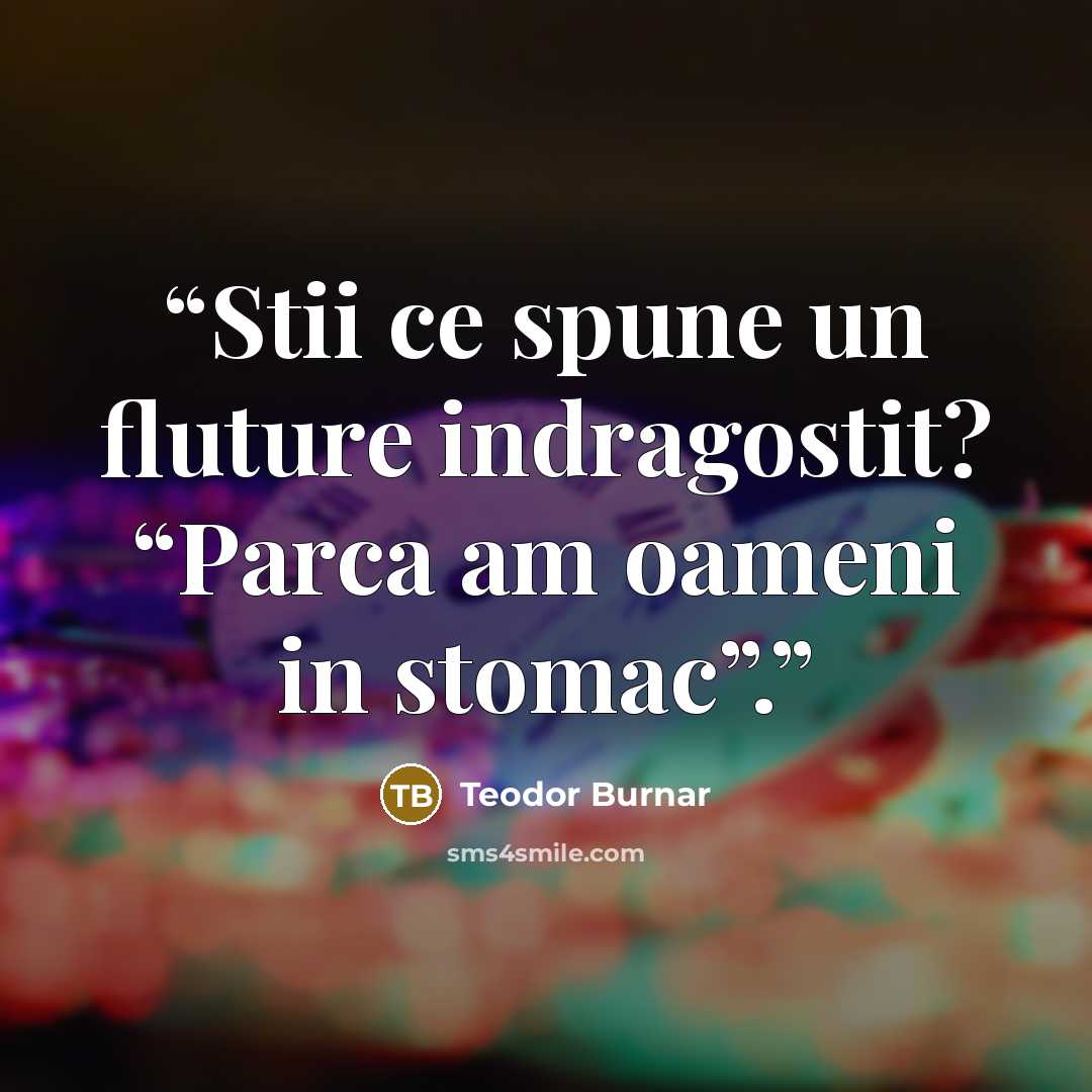 “Stii ce spune un fluture indragostit? “Parca am oameni in stomac”.” quote by Teodor Burnar