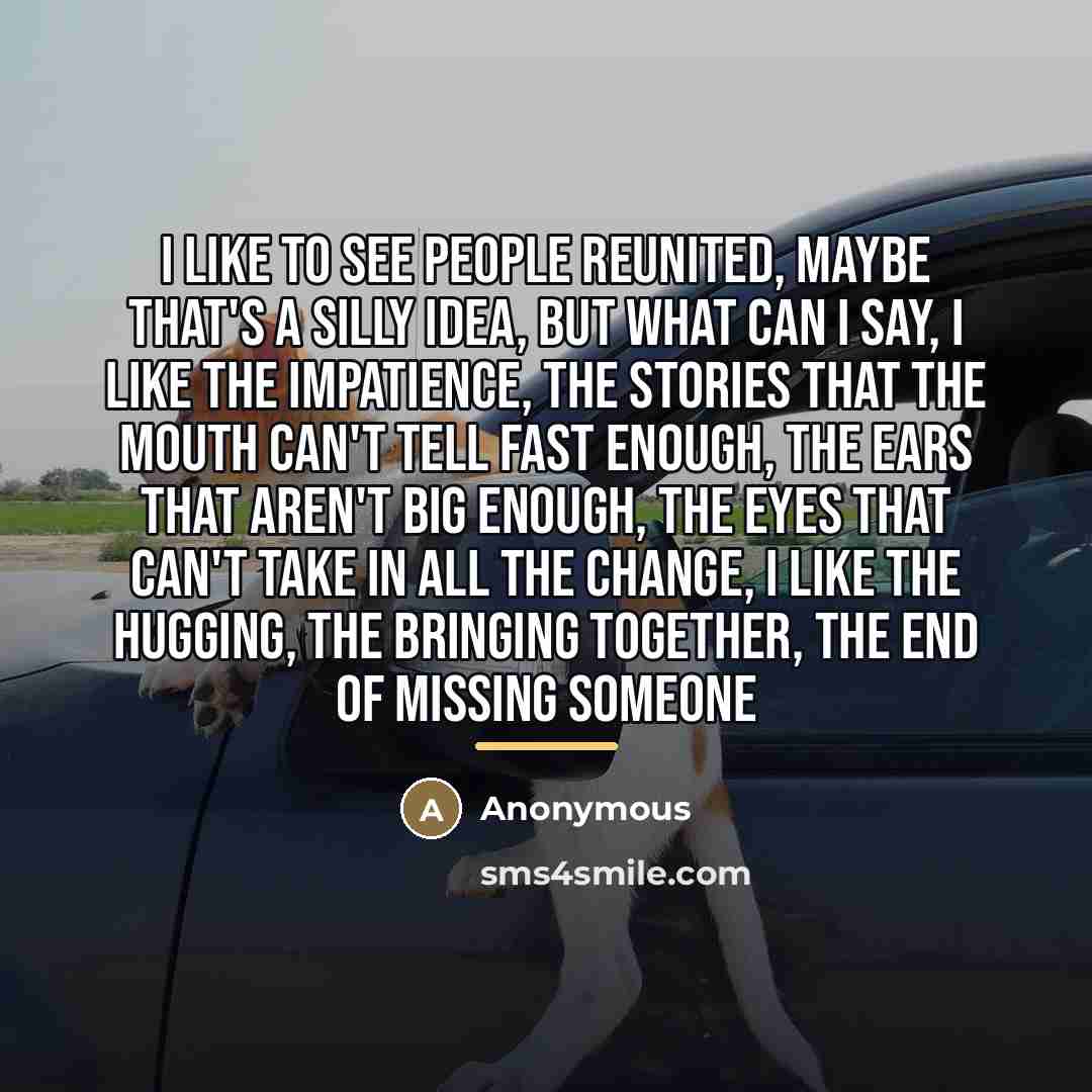 “I like to see people reunited, maybe that's a silly idea, but what can I say, I like the impatience, the stories that the mouth can't tell fast enough, the ears that aren't big enough, the eyes that can't take in all the change, I like the hugging, the bringing together, the end of missing someone” quote by Anonymous