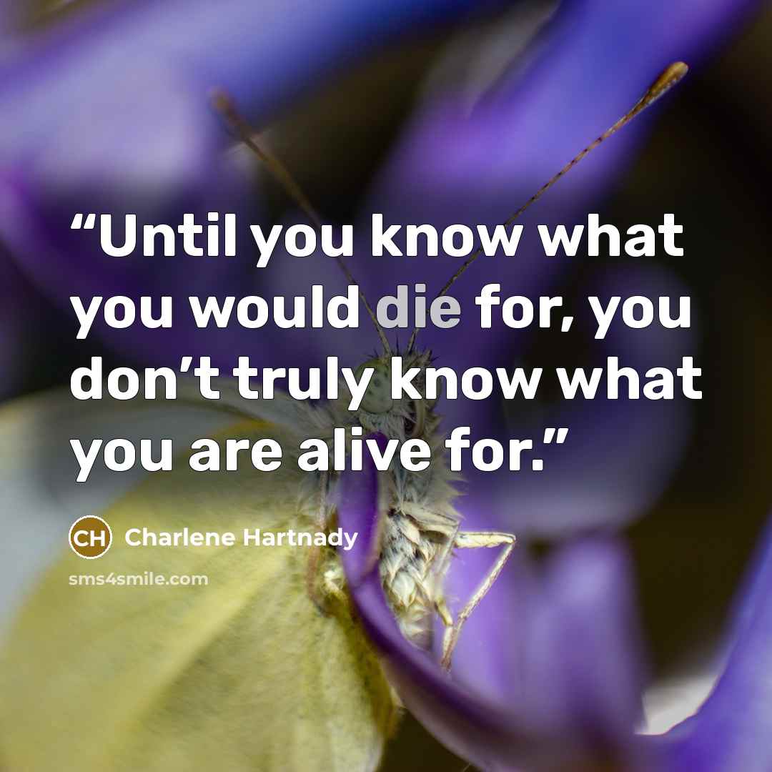 “Until you know what you would die for, you don’t truly know what you are alive for.” quote by Charlene Hartnady