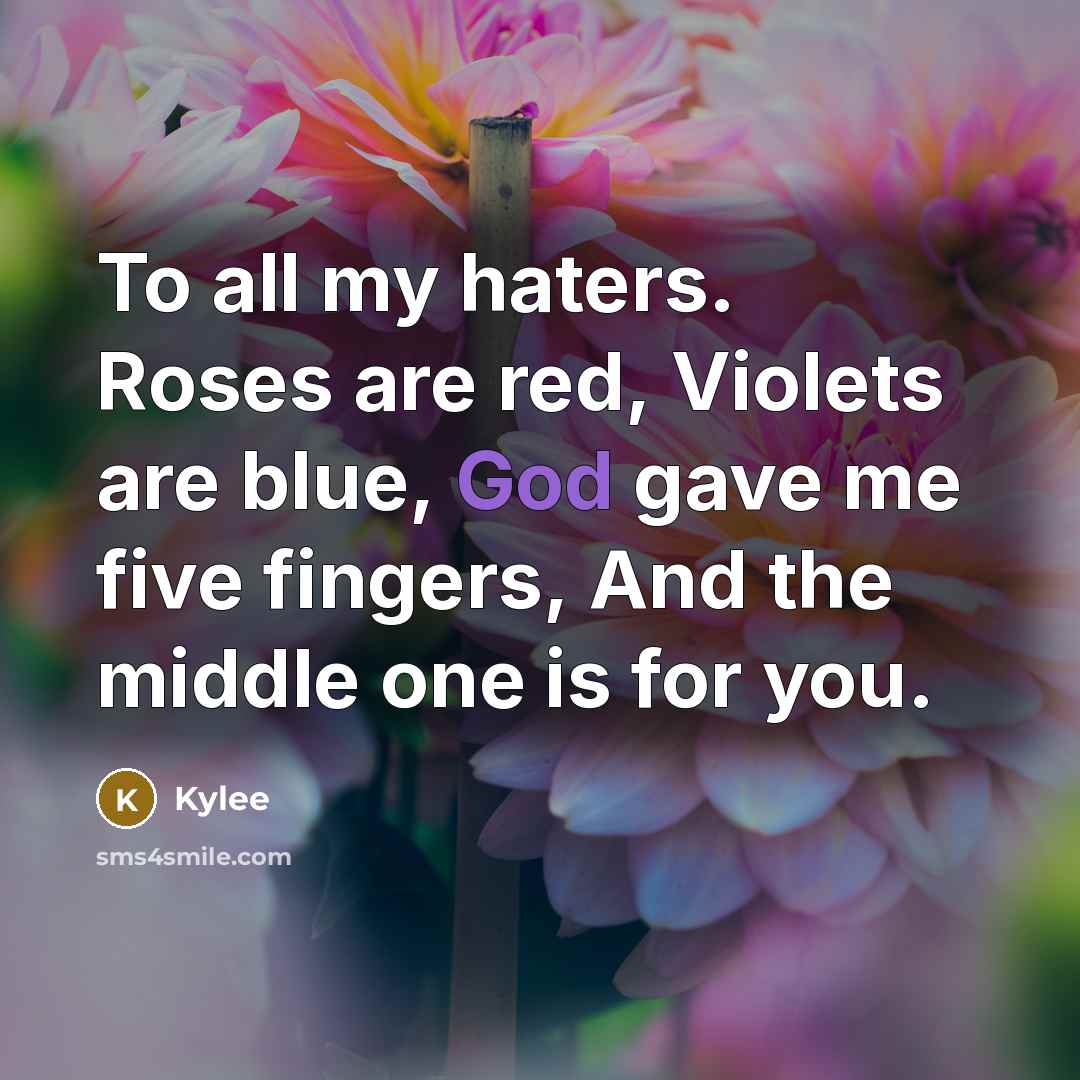“To all my haters. Roses are red, Violets are blue,…” quote by Kylee