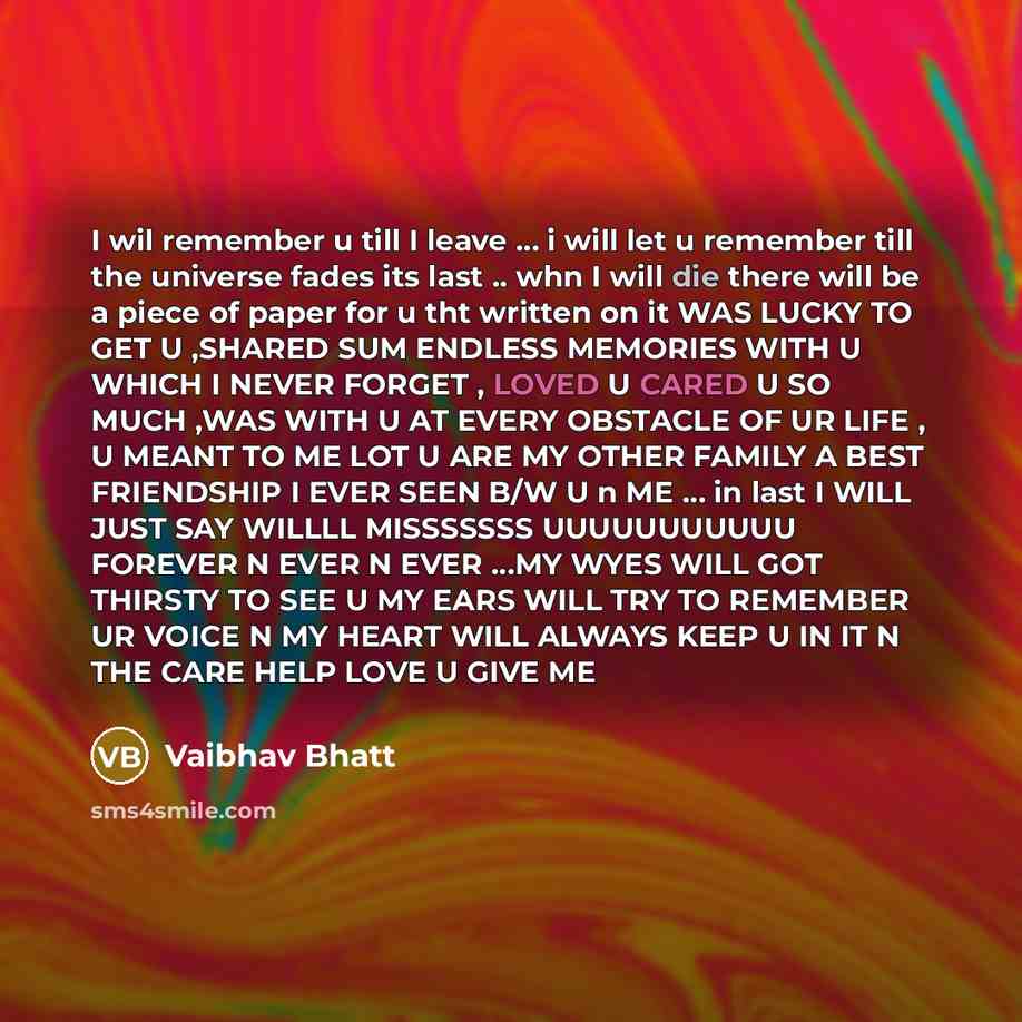 “I wil remember u till I leave … i will let u remember till the universe fades its last .. whn I will die there will be a piece of paper for u tht written on it WAS LUCKY TO GET U ,SHARED SUM ENDLESS MEMORIES WITH U WHICH I NEVER FORGET , LOVED U CARED U SO MUCH ,WAS WITH U AT EVERY OBSTACLE OF UR…” quote by Vaibhav Bhatt