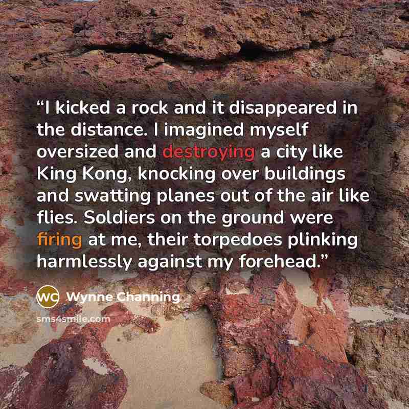 “I kicked a rock and it disappeared in the distance. I imagined myself oversized and destroying a city like King Kong, knocking over buildings and swatting planes out of the air like flies. Soldiers on the ground were firing at me, their torpedoes plinking harmlessly against my forehead.” quote by Wynne Channing