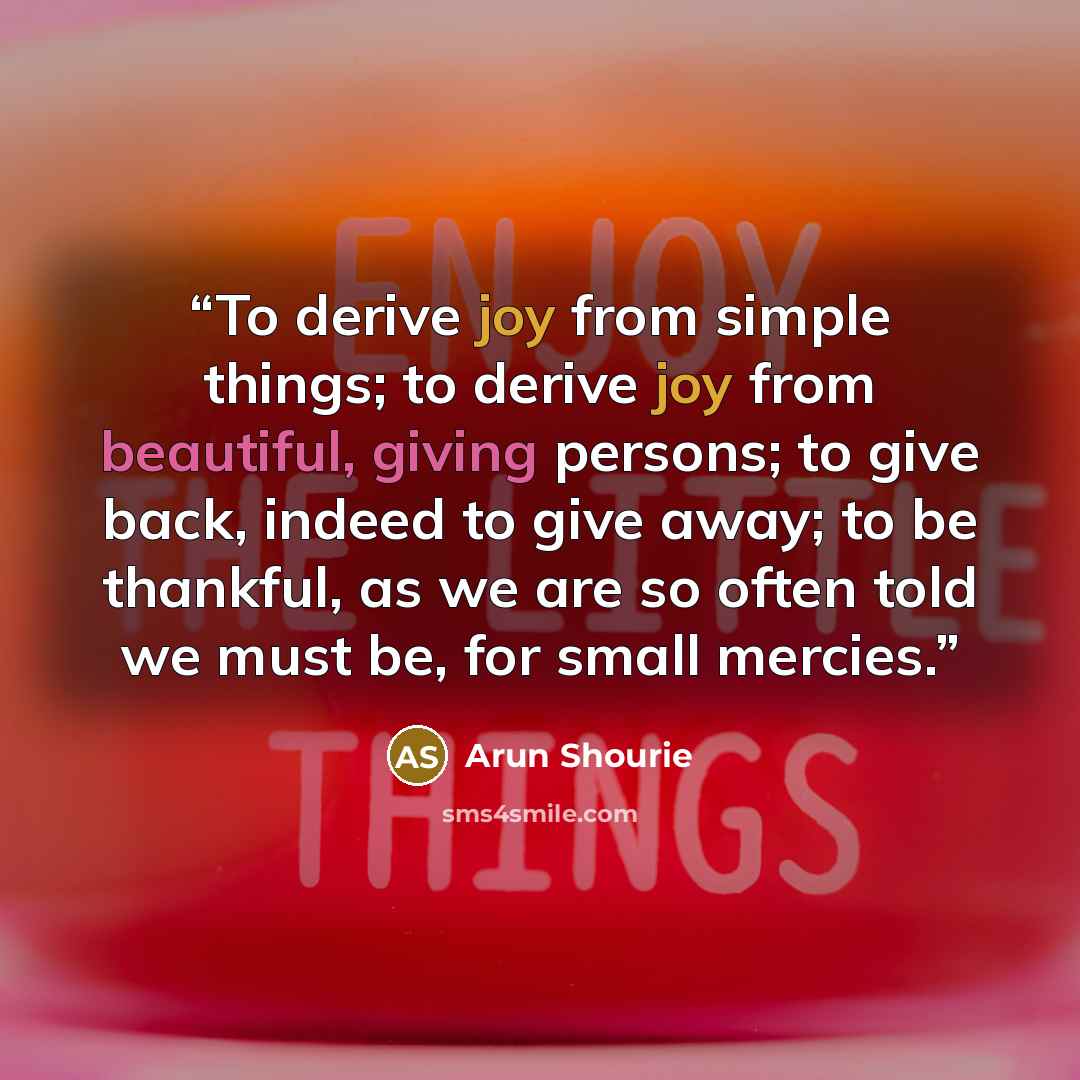 “To derive joy from simple things; to derive joy from beautiful, giving persons; to give back, indeed to give away; to be thankful, as we are so often told we must be, for small mercies.” quote by Arun Shourie