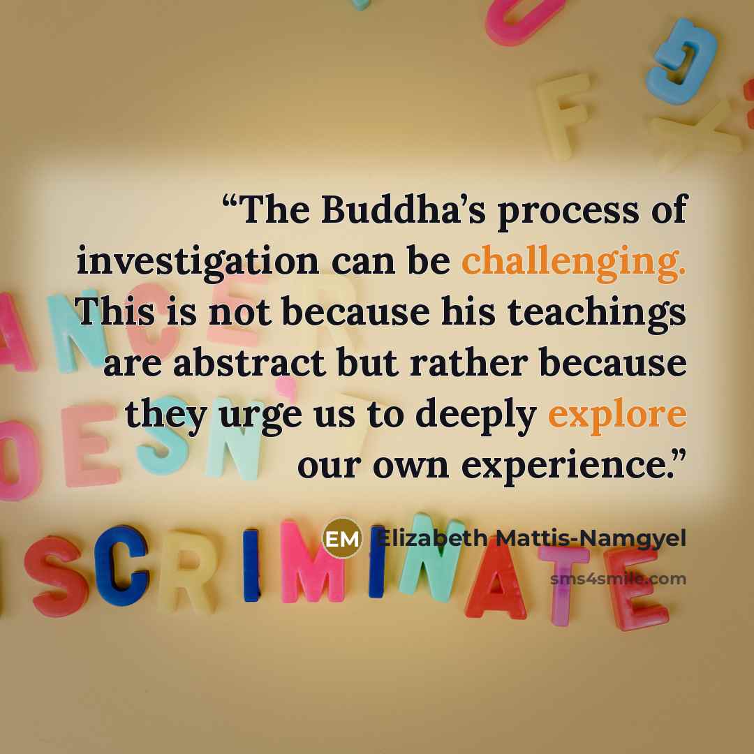 “The Buddha’s process of investigation can be challenging. This is not because his teachings are abstract but rather because they urge us to deeply explore our own experience.” quote by Elizabeth Mattis-Namgyel